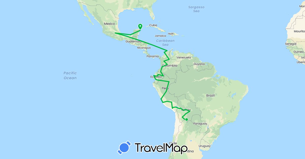 TravelMap itinerary: driving, bus in Bolivia, Colombia, Ecuador, Mexico, Peru (North America, South America)